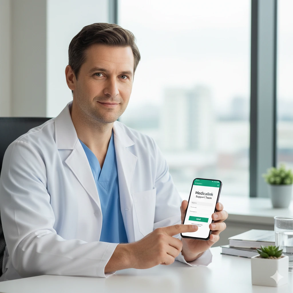 Médecin contactant l'équipe de l'application web Medicalin - logiciel médical Maroc