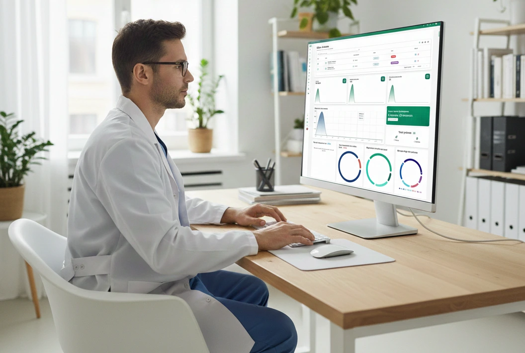Médecin travaillant sur l'application web Medicalink - logiciel médical Maroc
